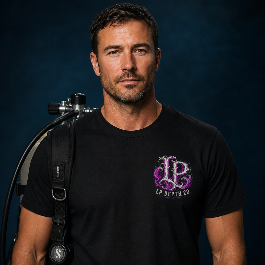 Beneath the Surface black tee — front studio view
