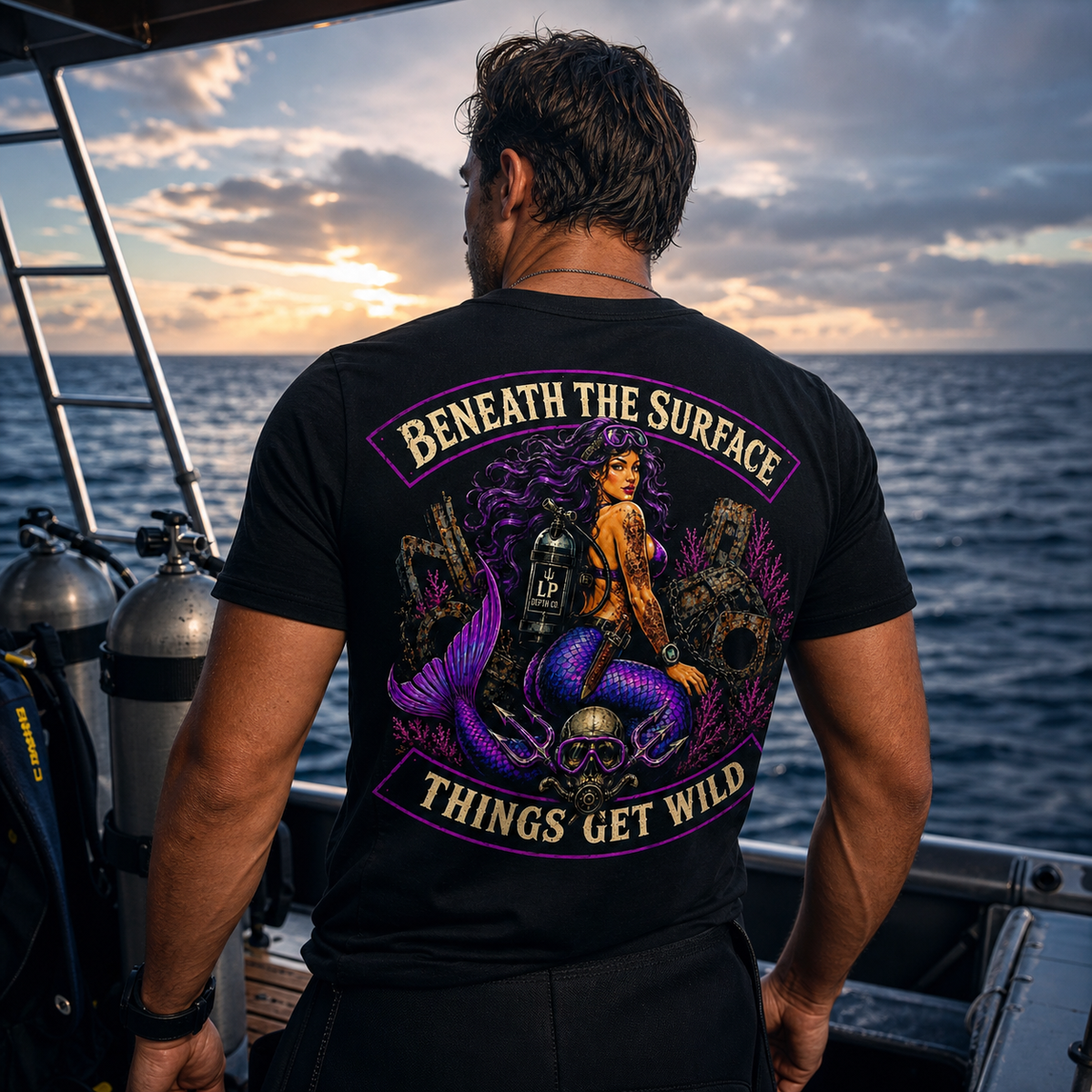 Beneath the Surface black tee — dive-boat lifestyle view