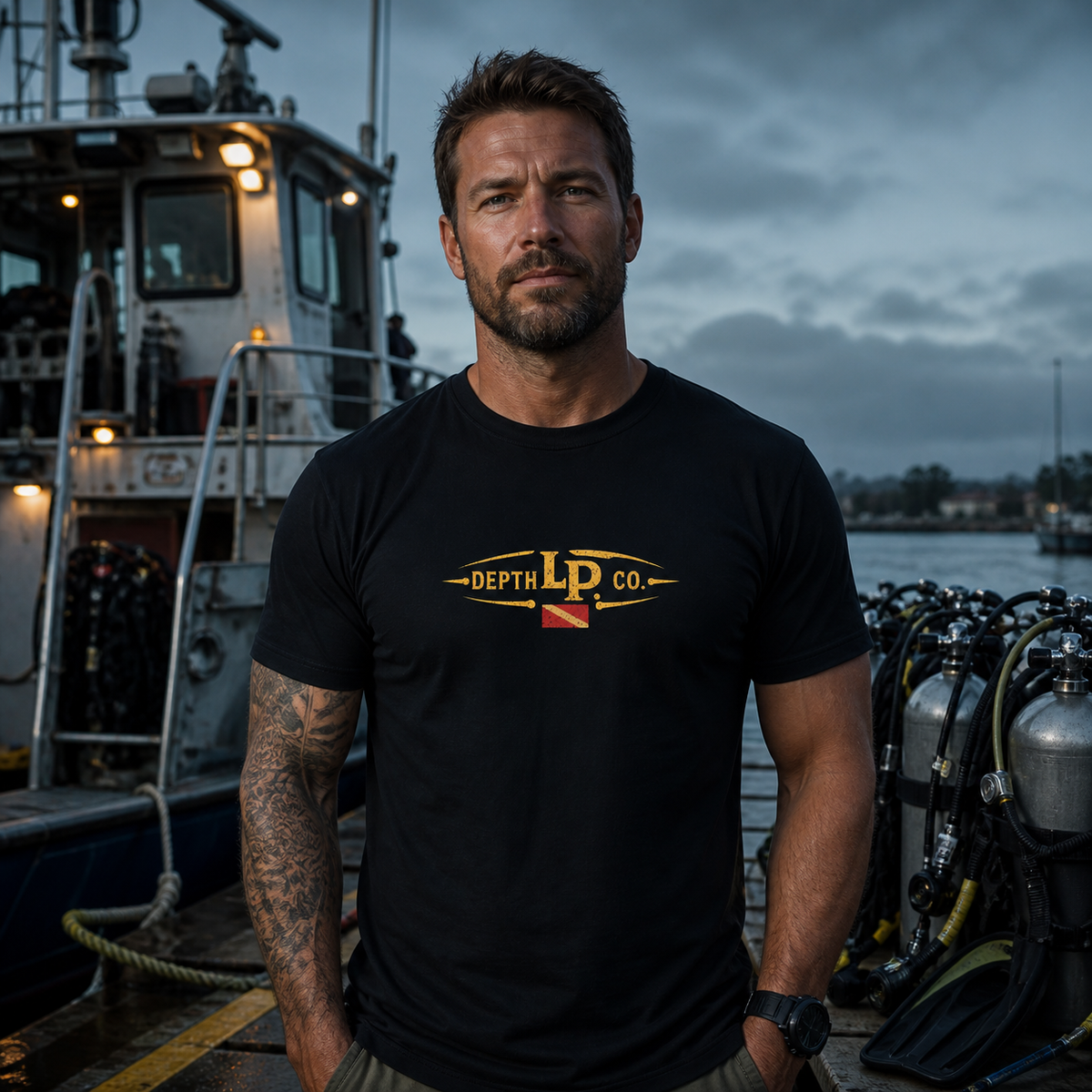 Deco or Die black tee — second lifestyle view