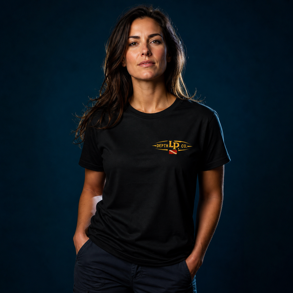 Dive Deep / Surface a Legend black tee — front studio view