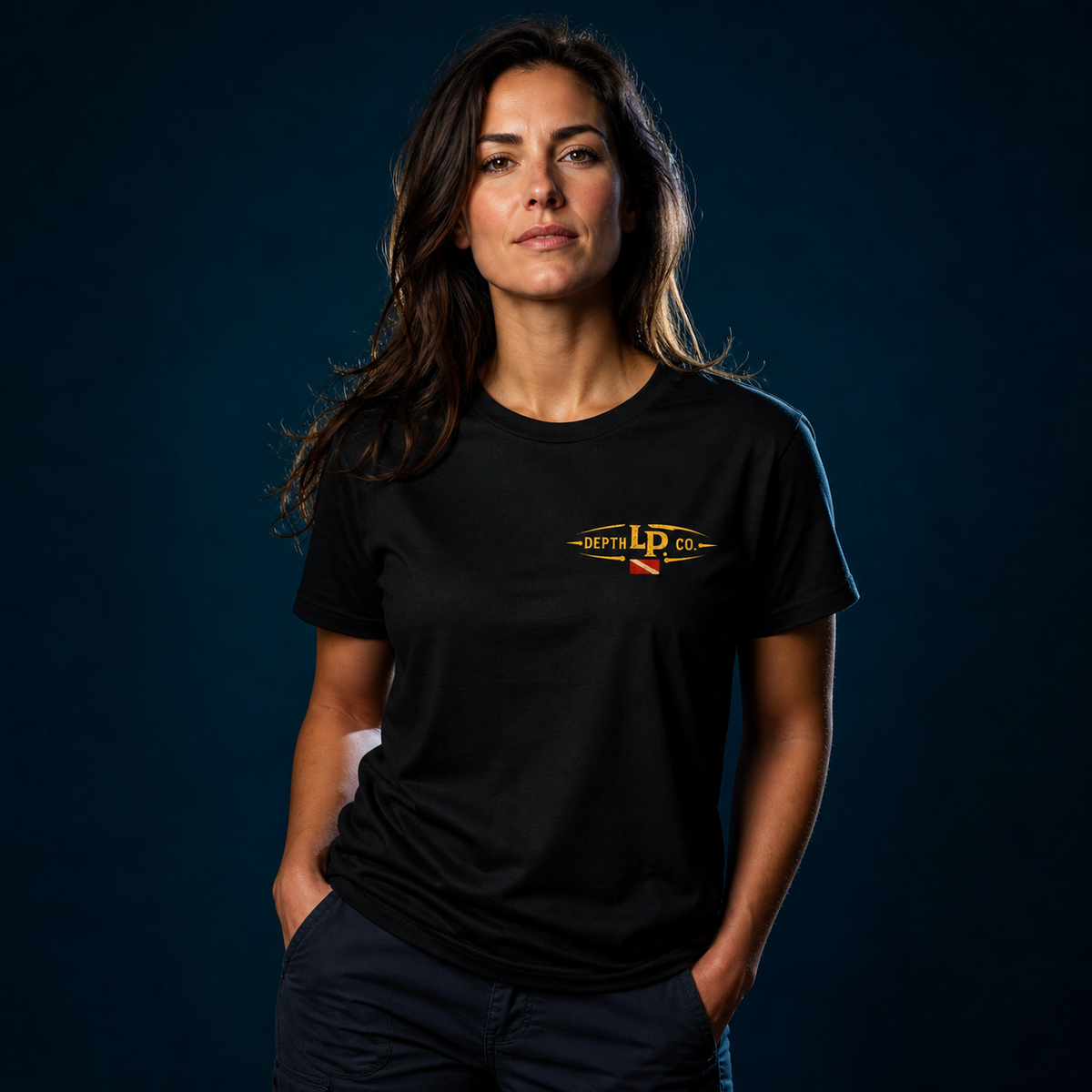 Dive Deep / Surface a Legend black tee — front studio view