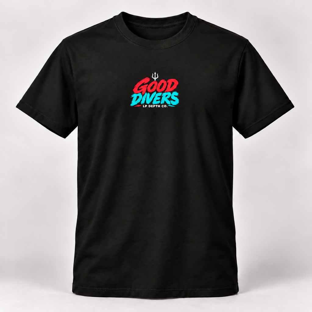 Good Divers black tee with crimson and teal front collection logo