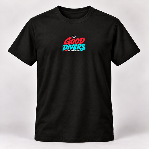 Good Divers black tee with crimson and teal front collection logo