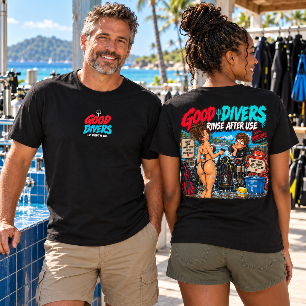 Good Divers Rinse After Use black tee front and back with crimson and teal artwork at a dive-gear rinse station