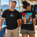 Good Divers Rinse After Use black tee front and back with crimson and teal artwork at a dive-gear rinse station