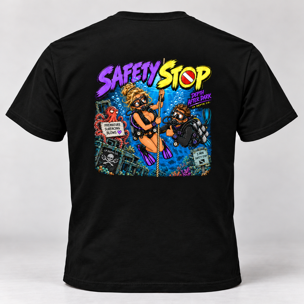 Safety Stop black tee with violet and yellow scuba divers and an octopus holding a Premature Surfacing Blows sign