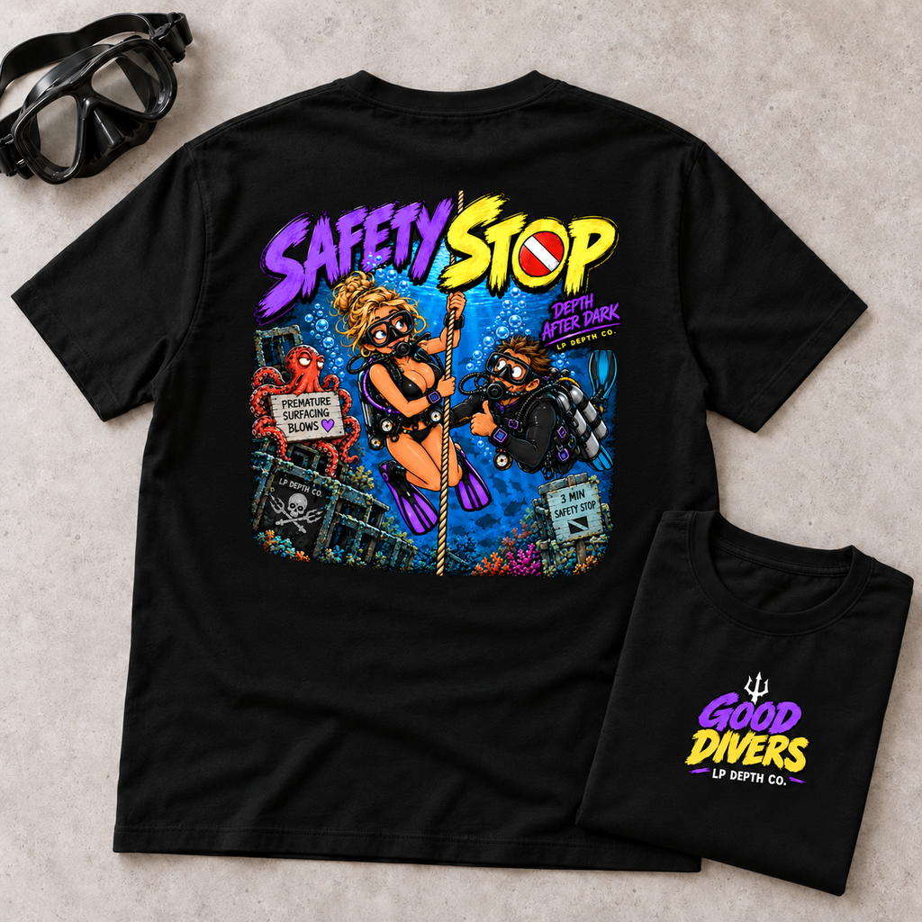Good Divers Safety Stop black tee front and back flatlay