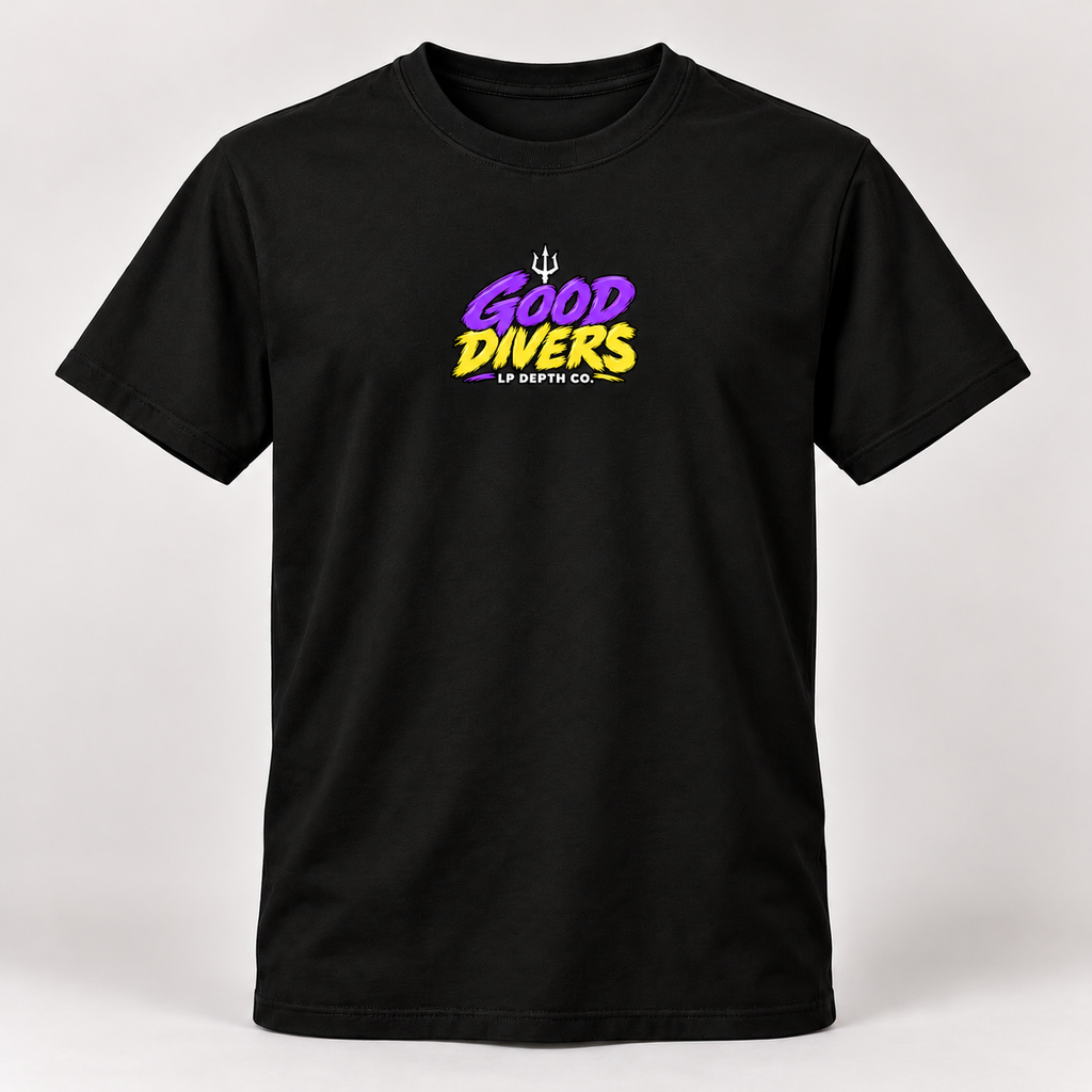 Good Divers black tee with violet and yellow front collection logo