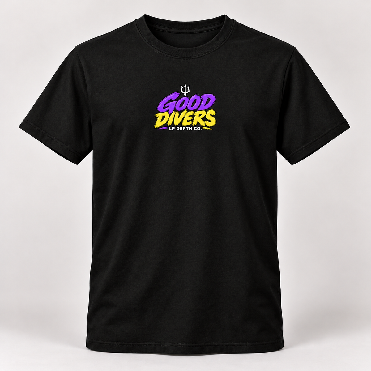 Good Divers black tee with violet and yellow front collection logo