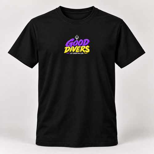 Good Divers black tee with violet and yellow front collection logo