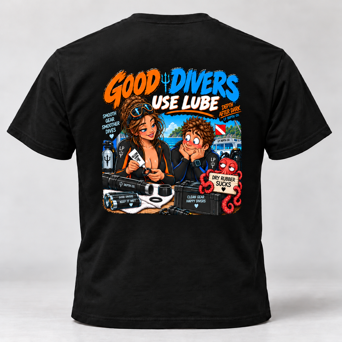 Good Divers Use Lube black tee with blue and orange back artwork