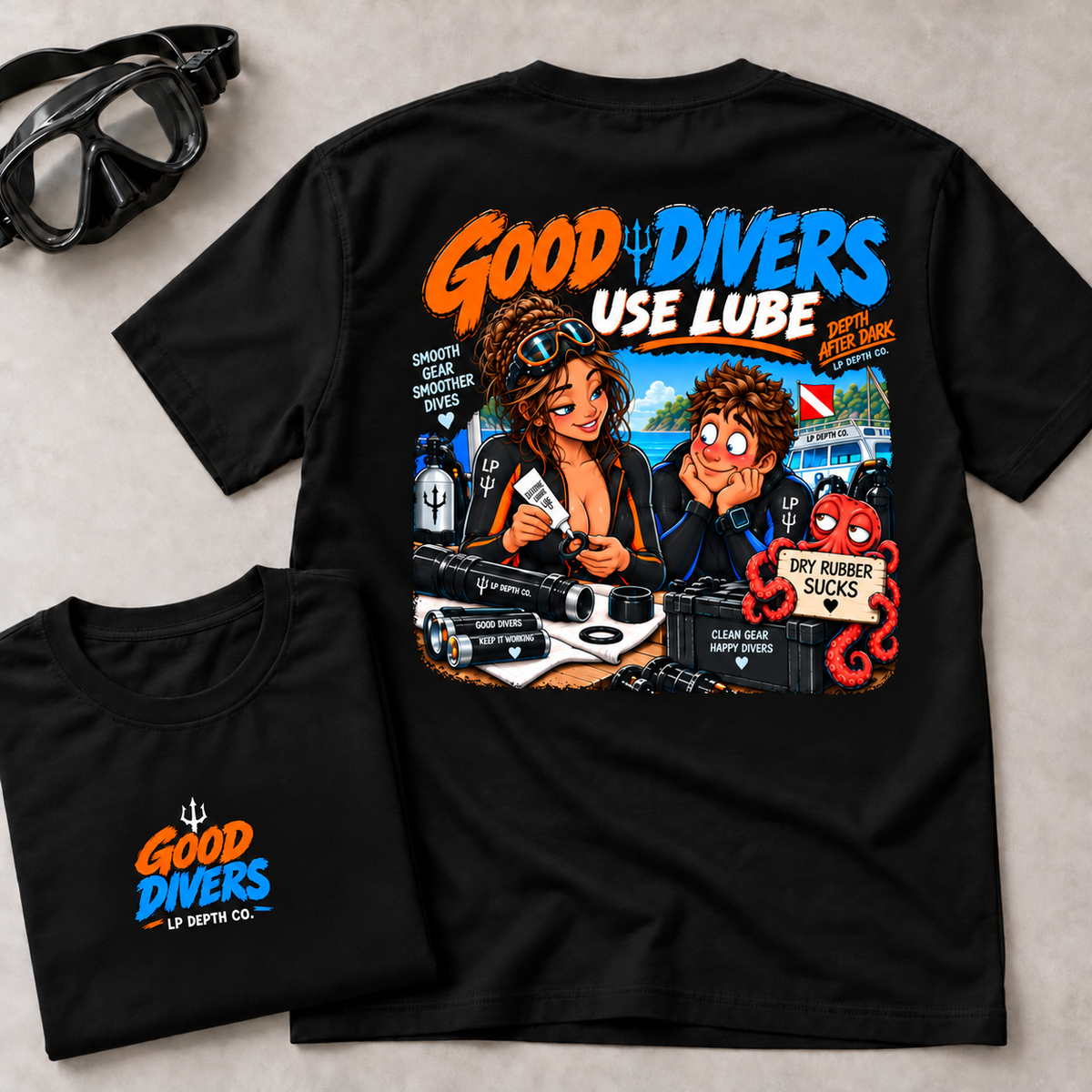 Good Divers Use Lube black tee front and back flatlay