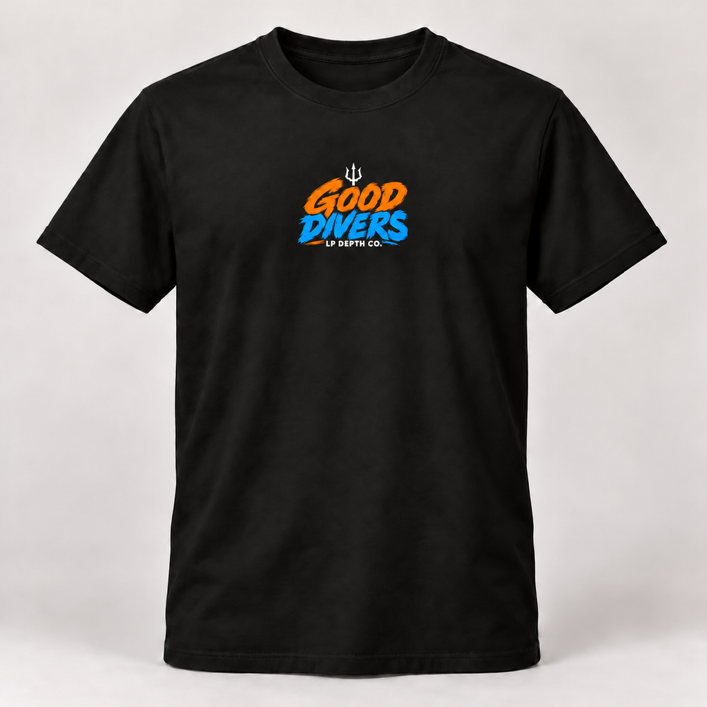Good Divers black tee with blue and orange front collection logo