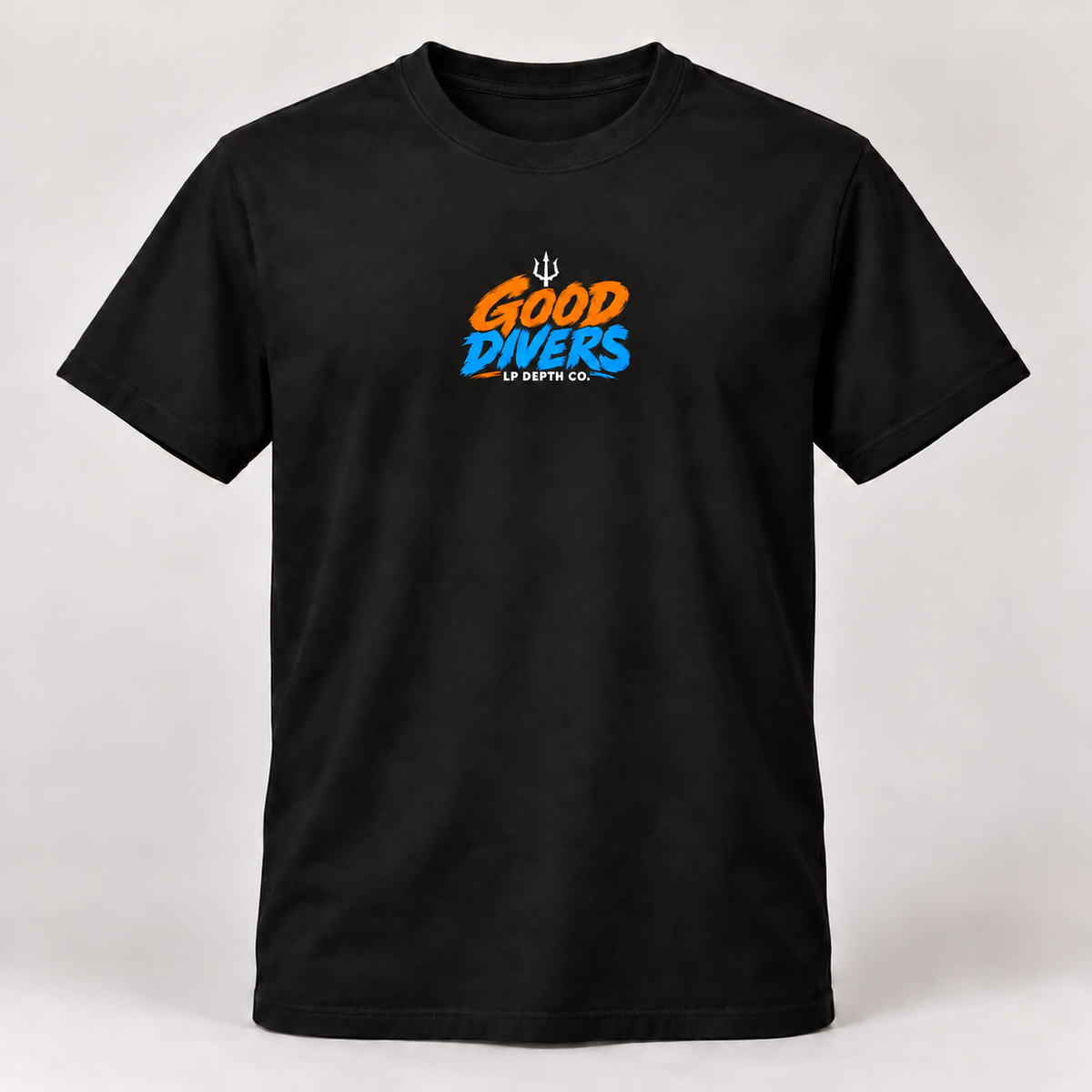 Good Divers black tee with blue and orange front collection logo