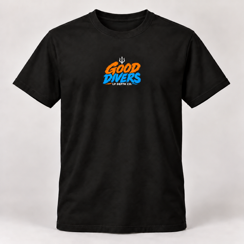 Good Divers black tee with blue and orange front collection logo