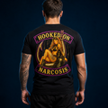 Hooked on Narcosis black tee — back design view