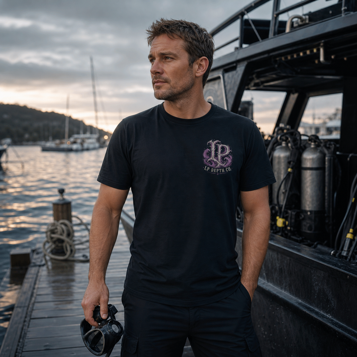 Hooked on Narcosis black tee — second lifestyle view