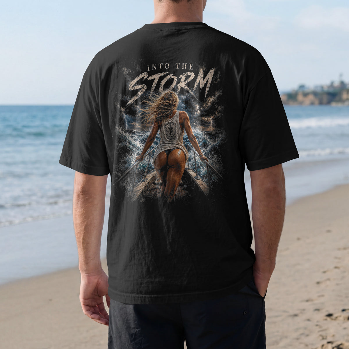 Into the Storm black tee — back design view