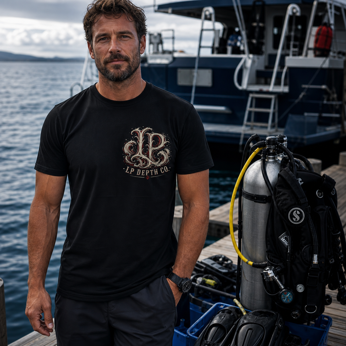 Loco Profundo × Baldiver — Original Cut black tee — second lifestyle view