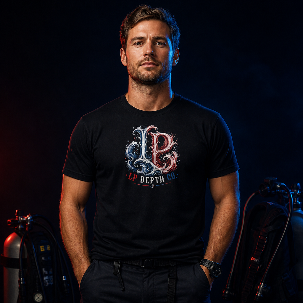 Loco Profundo Dive Team — New Loco Red, White & Blue black tee — front studio view