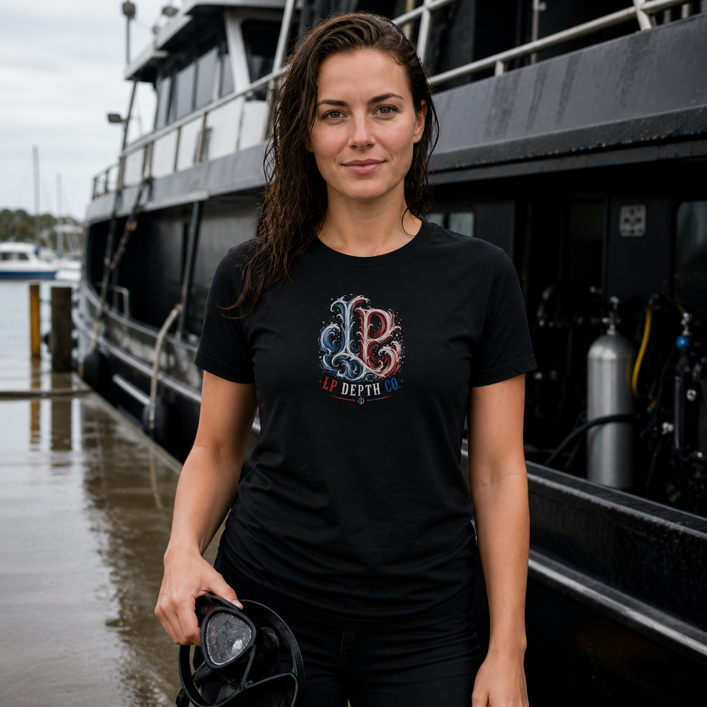Loco Profundo Dive Team — New Loco Red, White & Blue black tee — second lifestyle view