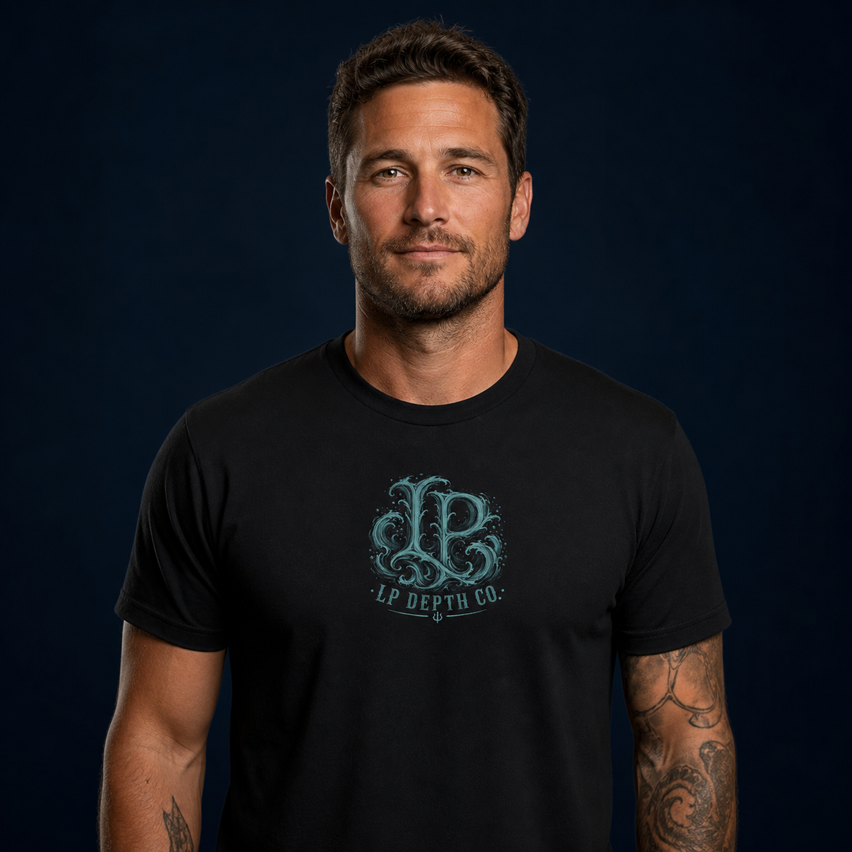Loco Profundo Dive Team — New Loco Teal black tee — front studio view