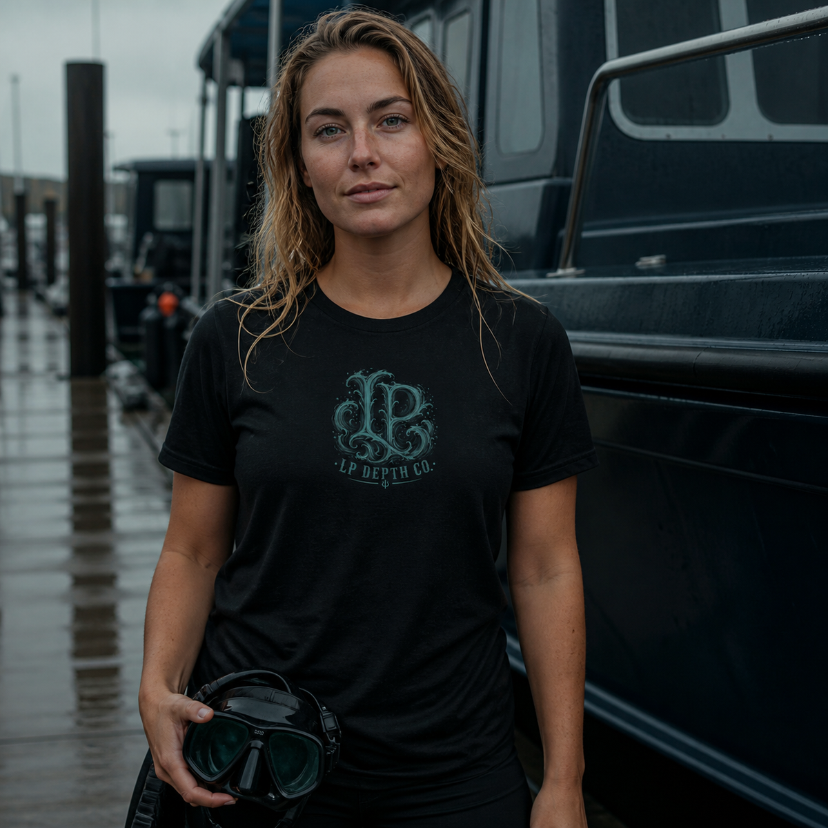 Loco Profundo Dive Team — New Loco Teal black tee — second lifestyle view