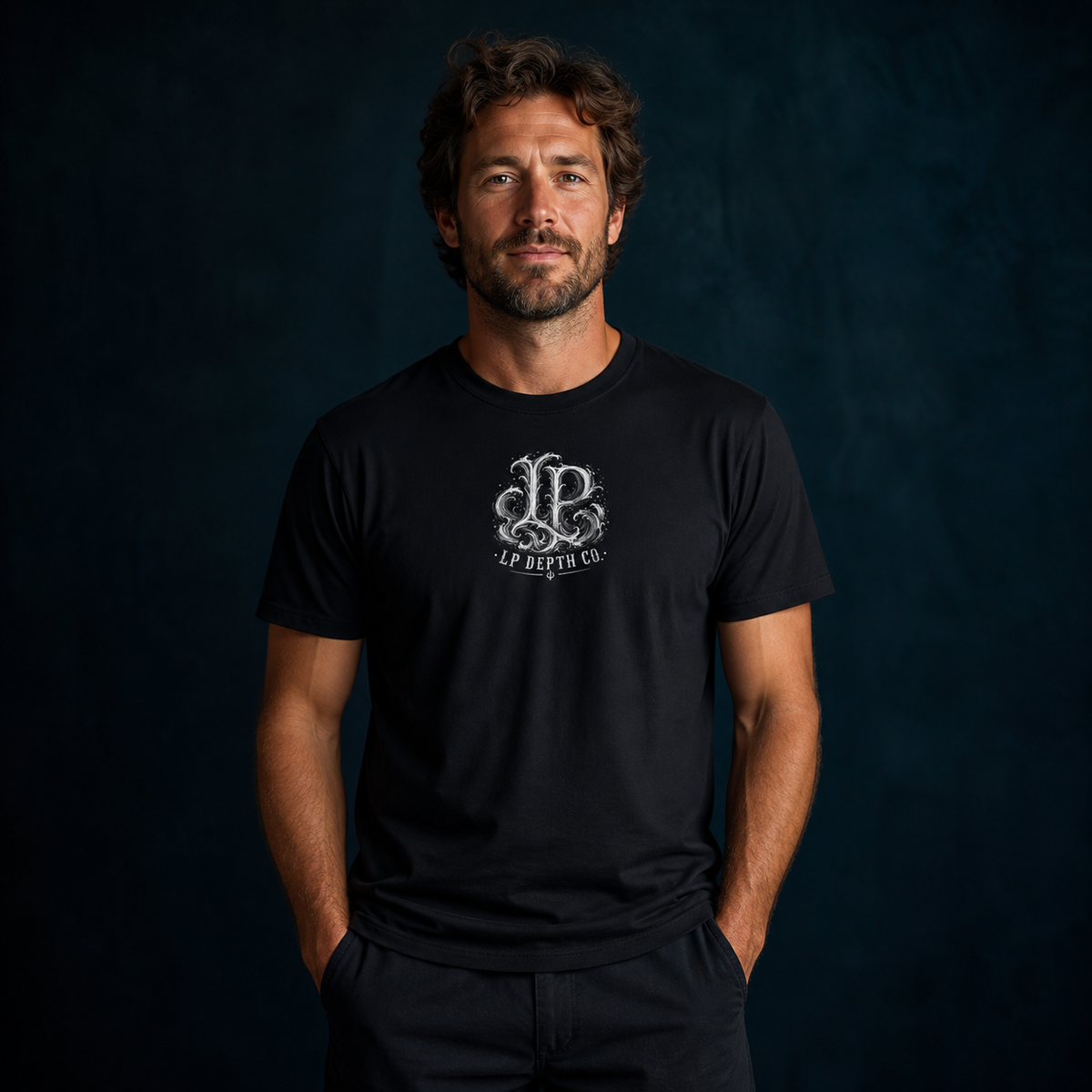 Loco Profundo Dive Team — New Loco White black tee — front studio view