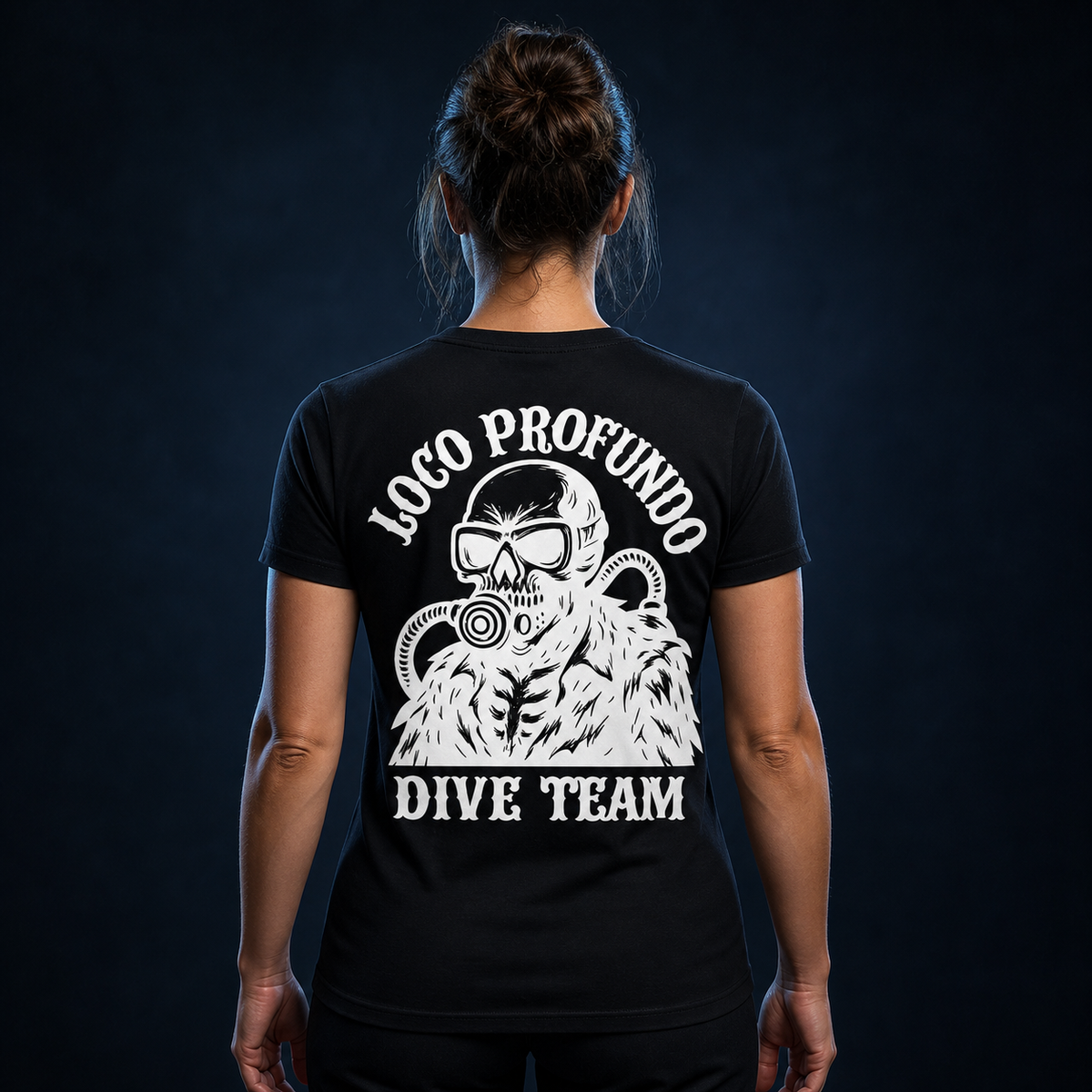Loco Profundo Dive Team — Original Cut White black tee — back design view