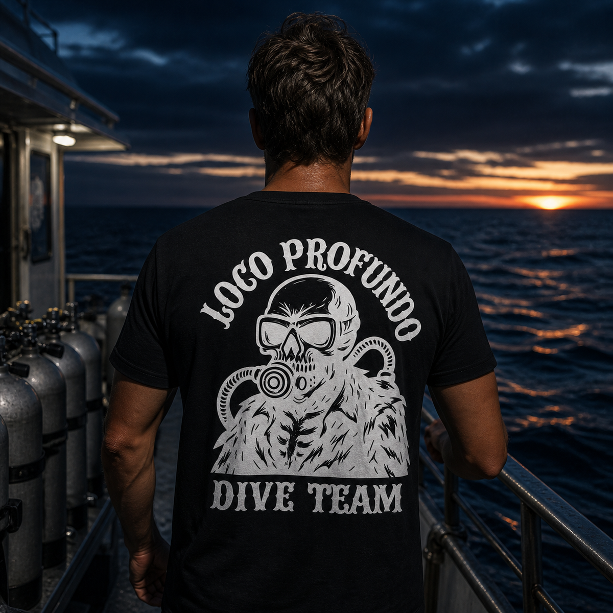 Loco Profundo Dive Team — Original Cut White black tee — dive-boat lifestyle view