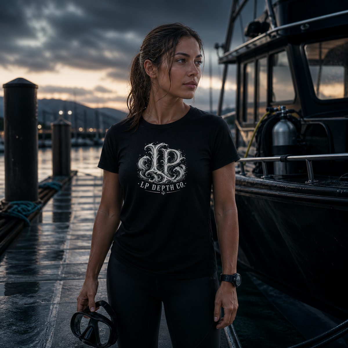 Loco Profundo Dive Team — Original Cut White black tee — second lifestyle view
