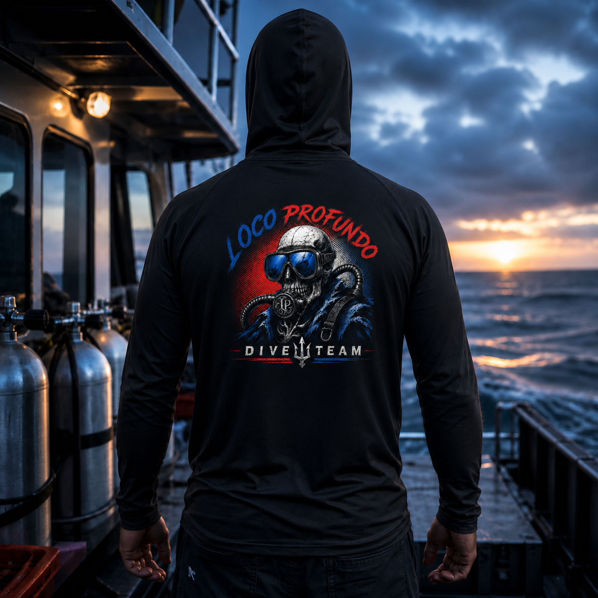 Loco Profundo Dive Team — New Loco Red, White & Blue — Lightweight Sun Hoodie