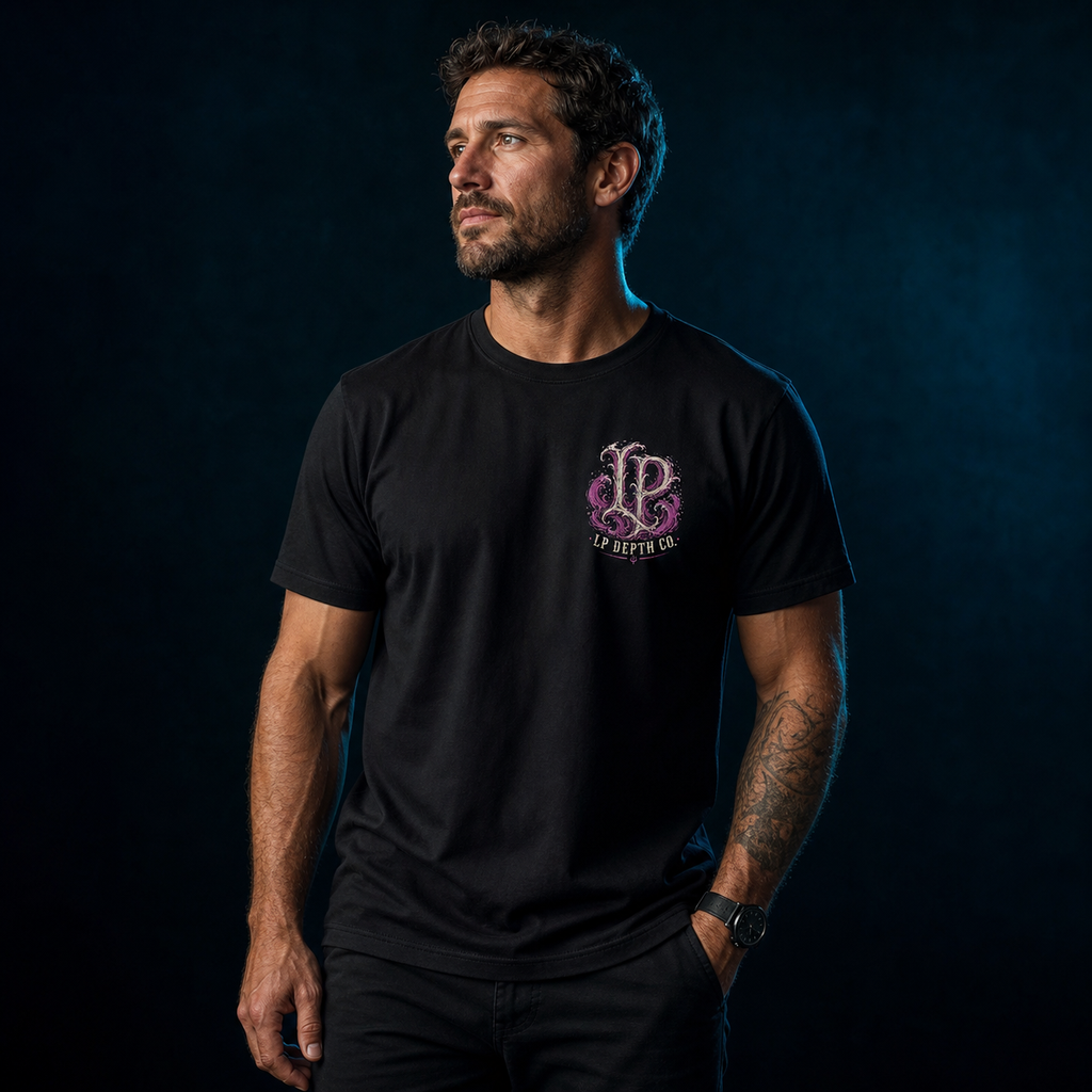 Love Lives Deep black tee — front studio view