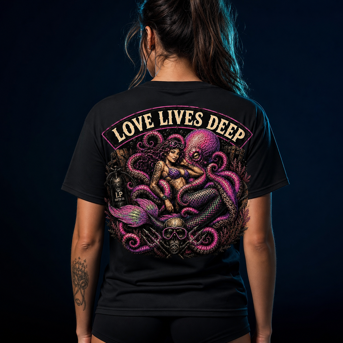 Love Lives Deep black tee — back design view