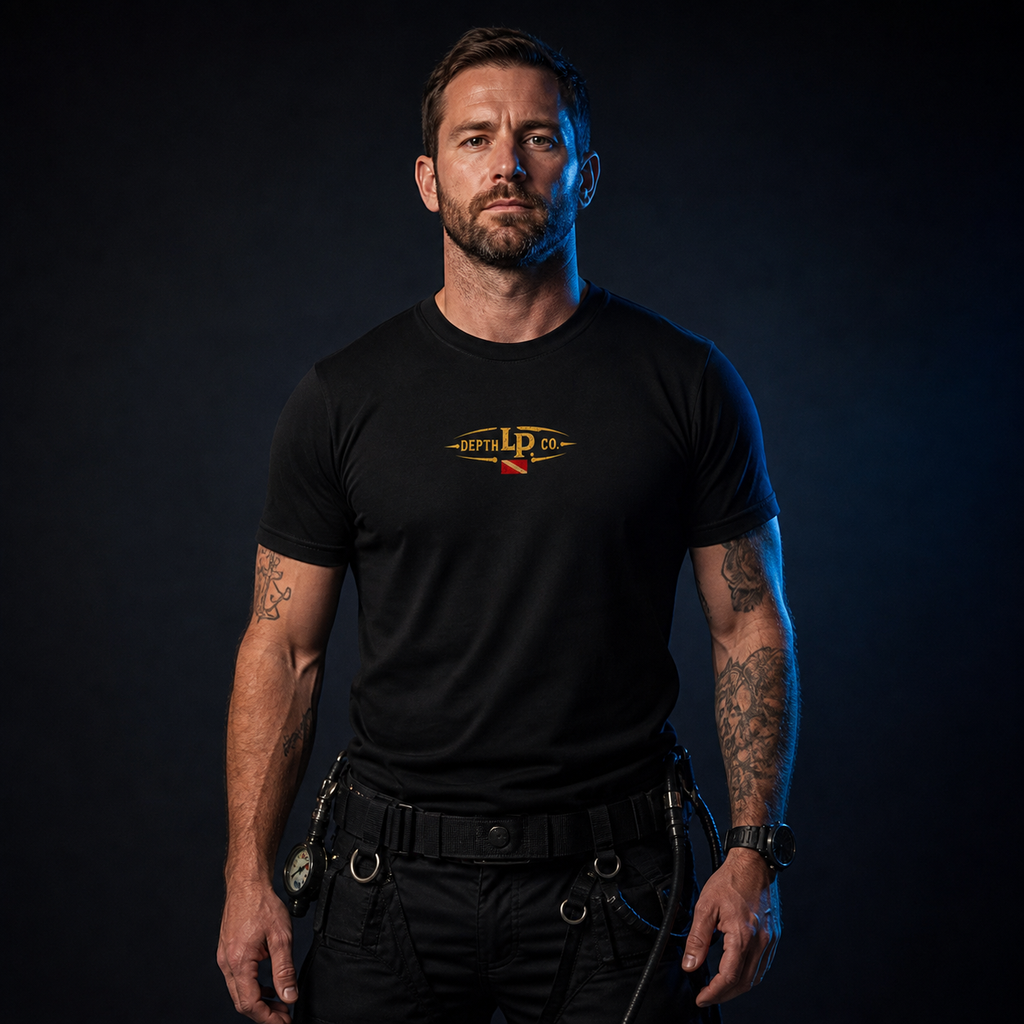 Reaper black tee — front studio view