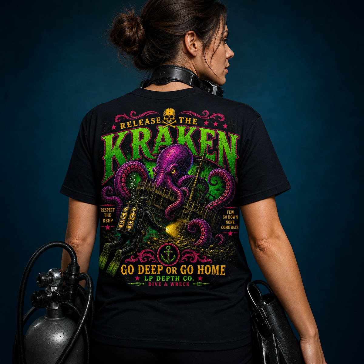 Release the Kraken black tee — back design view