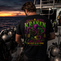 Release the Kraken black tee — dive-boat lifestyle view