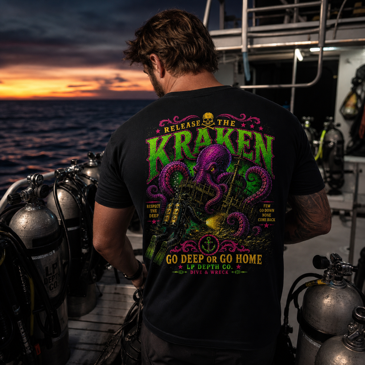 Release the Kraken black tee — dive-boat lifestyle view