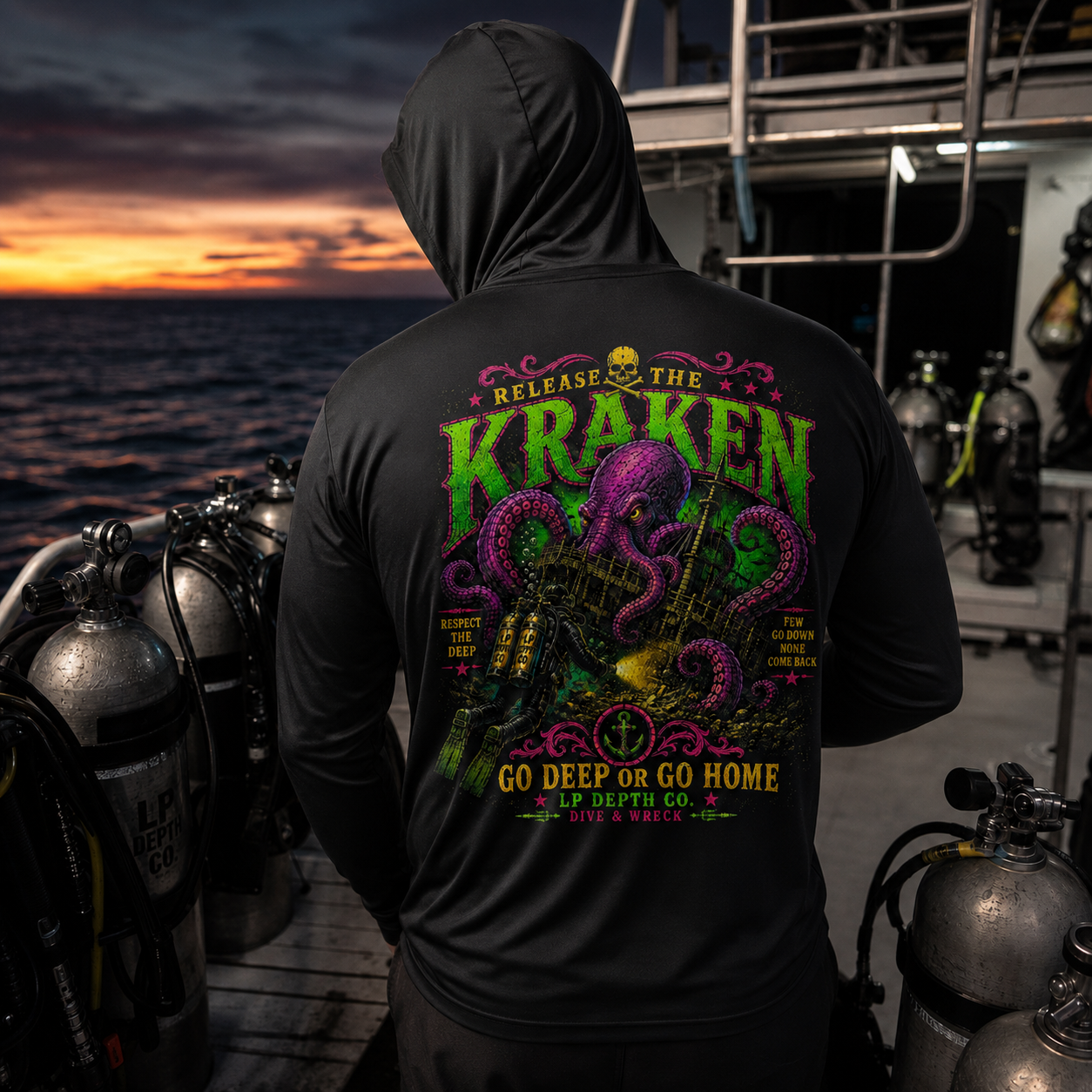 Other Designs artwork on the back of a black hoodie in a dive-boat scene