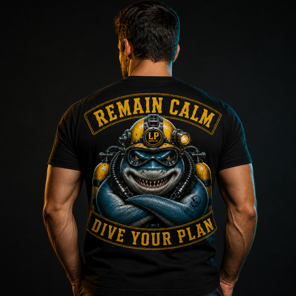 Remain Calm black tee — back design view