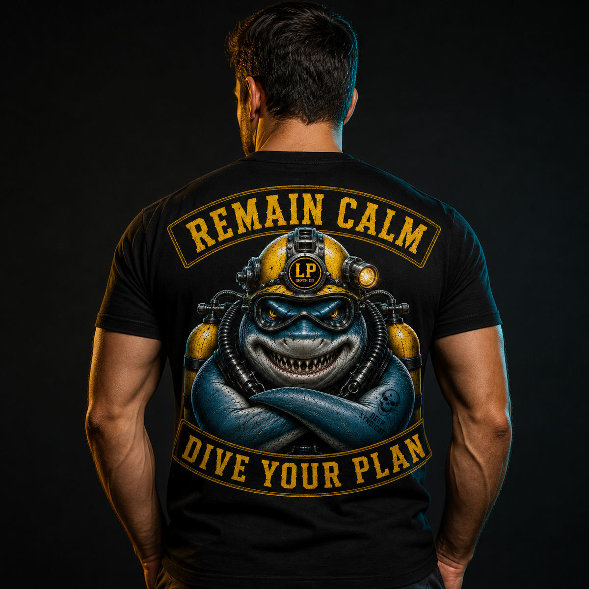 Remain Calm black tee — back design view