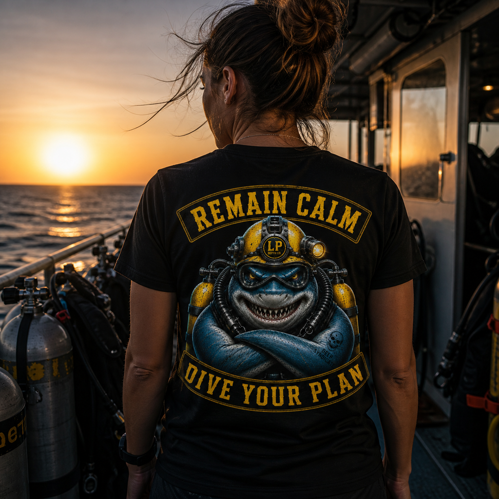 Remain Calm black tee — dive-boat lifestyle view