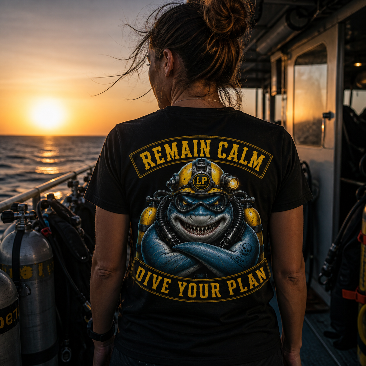 Remain Calm black tee — dive-boat lifestyle view