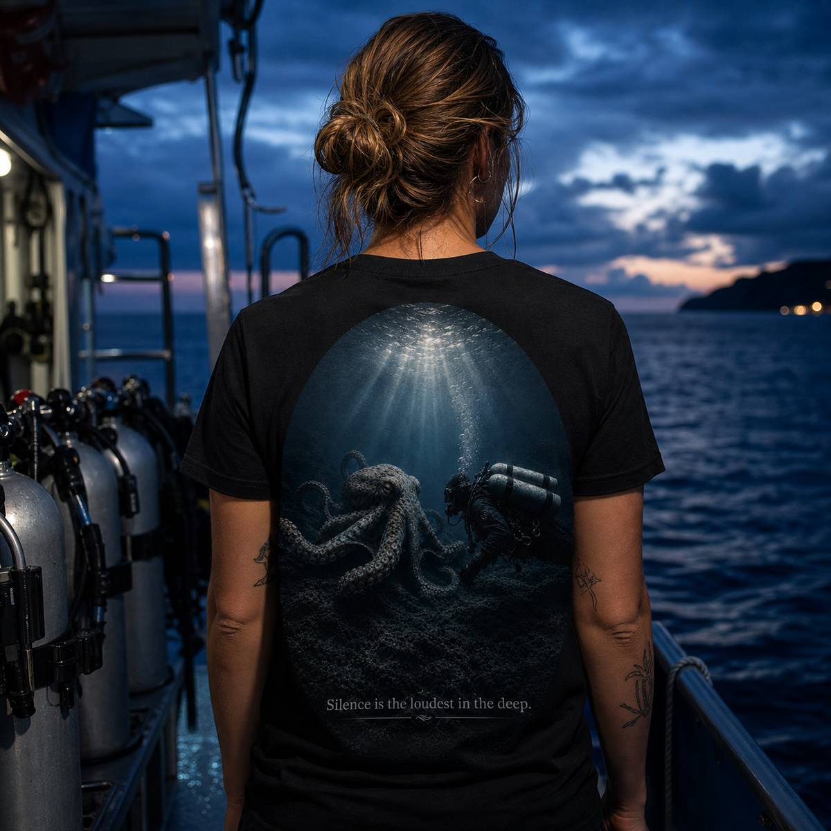 Silence Is Loudest black tee — dive-boat lifestyle view
