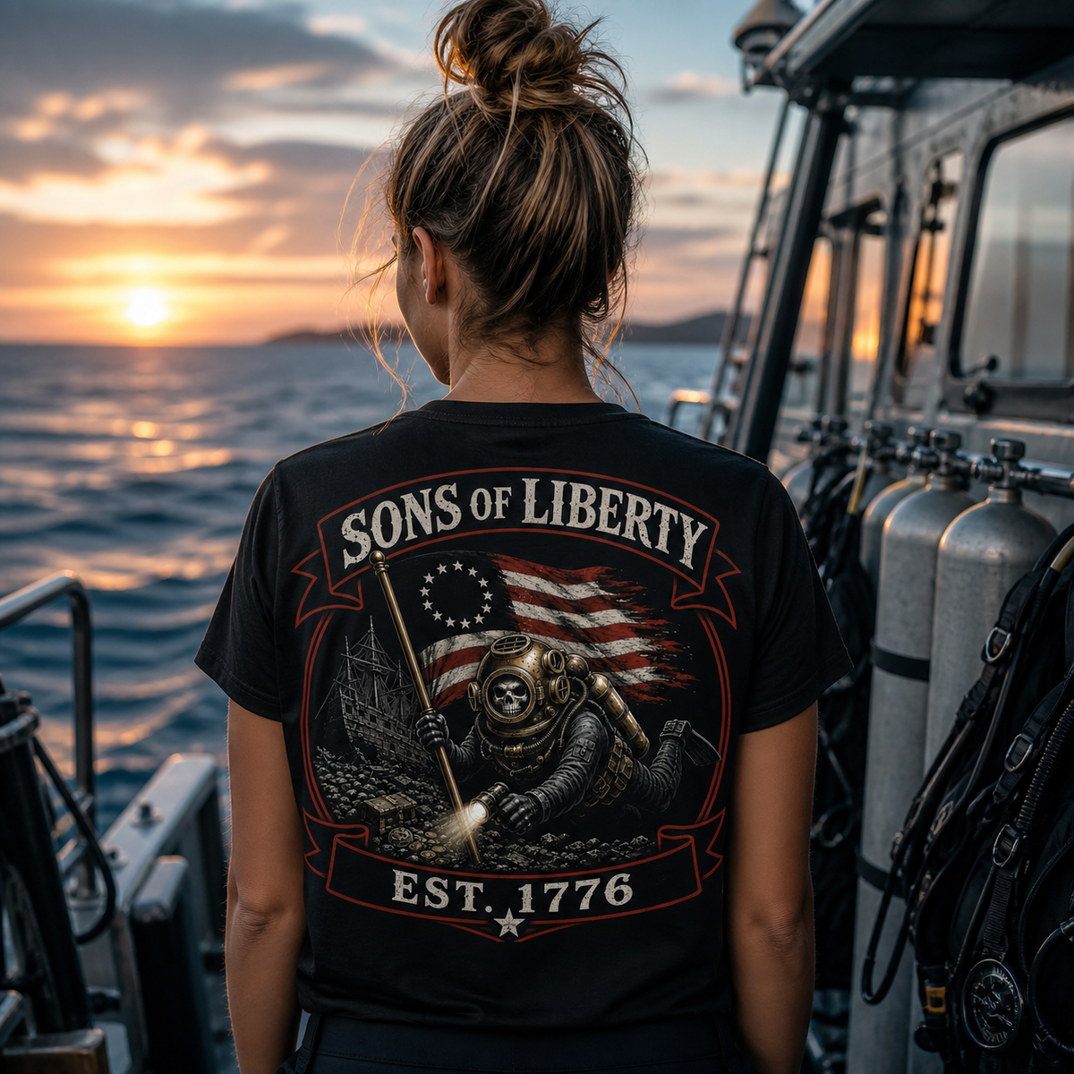 Sons of Liberty black tee — dive-boat lifestyle view