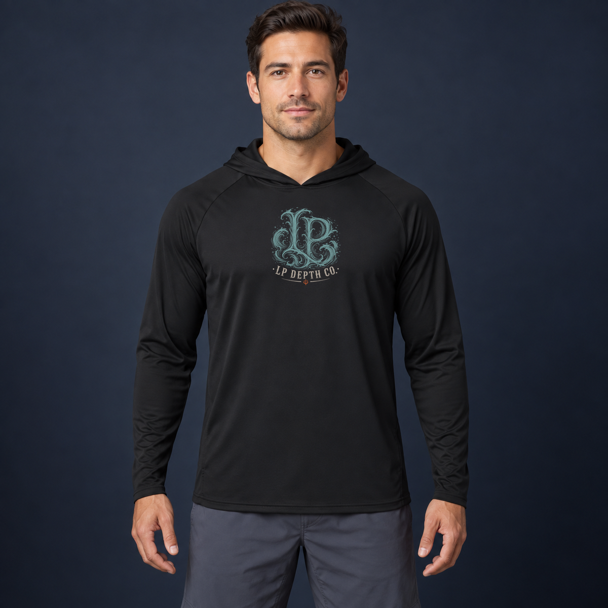 Thumb It. black lightweight sun hoodie front with the original LP Depth Co wave logo in sea-glass teal, bone, and oxidized orange, centered on the chest.