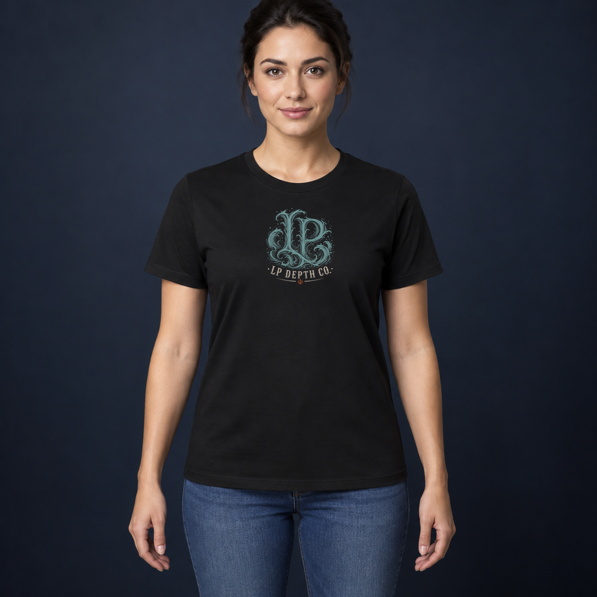 Thumb It. black tee front with the original LP Depth Co wave logo in sea-glass teal, bone, and oxidized orange, centered on the chest.