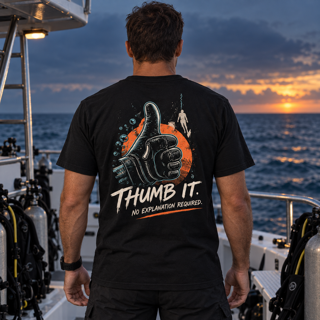Thumb It. black tee back: scuba-gloved thumbs-up, orange circle, teal bubbles, and No Explanation Required lettering on a dive boat.