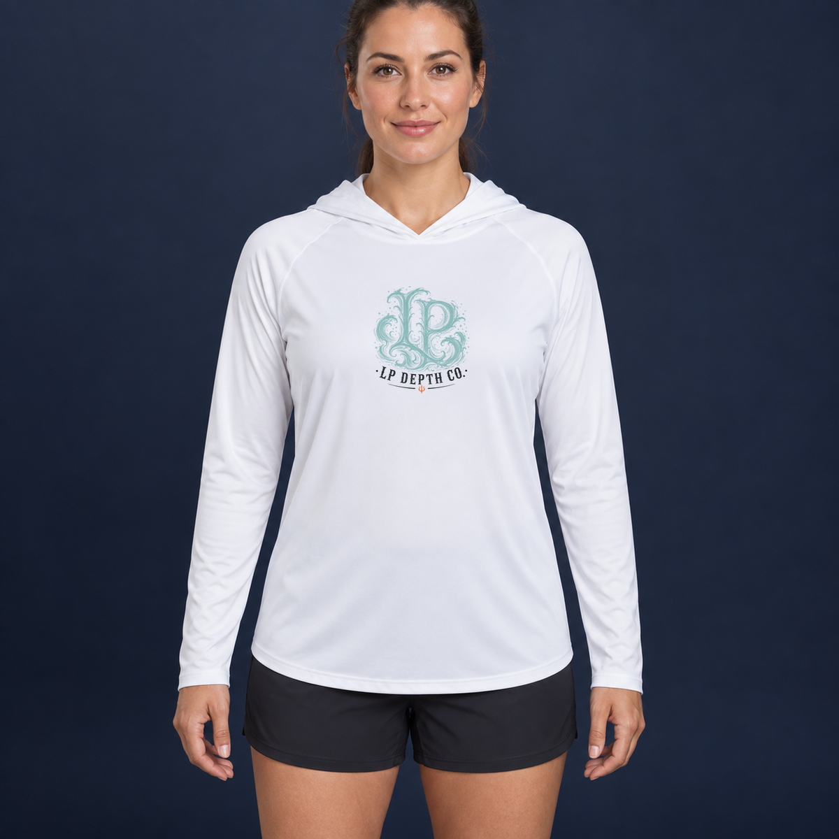 Thumb It. white lightweight sun hoodie front with the original LP Depth Co wave logo in sea-glass teal, dark ink, and oxidized orange, centered on the chest.