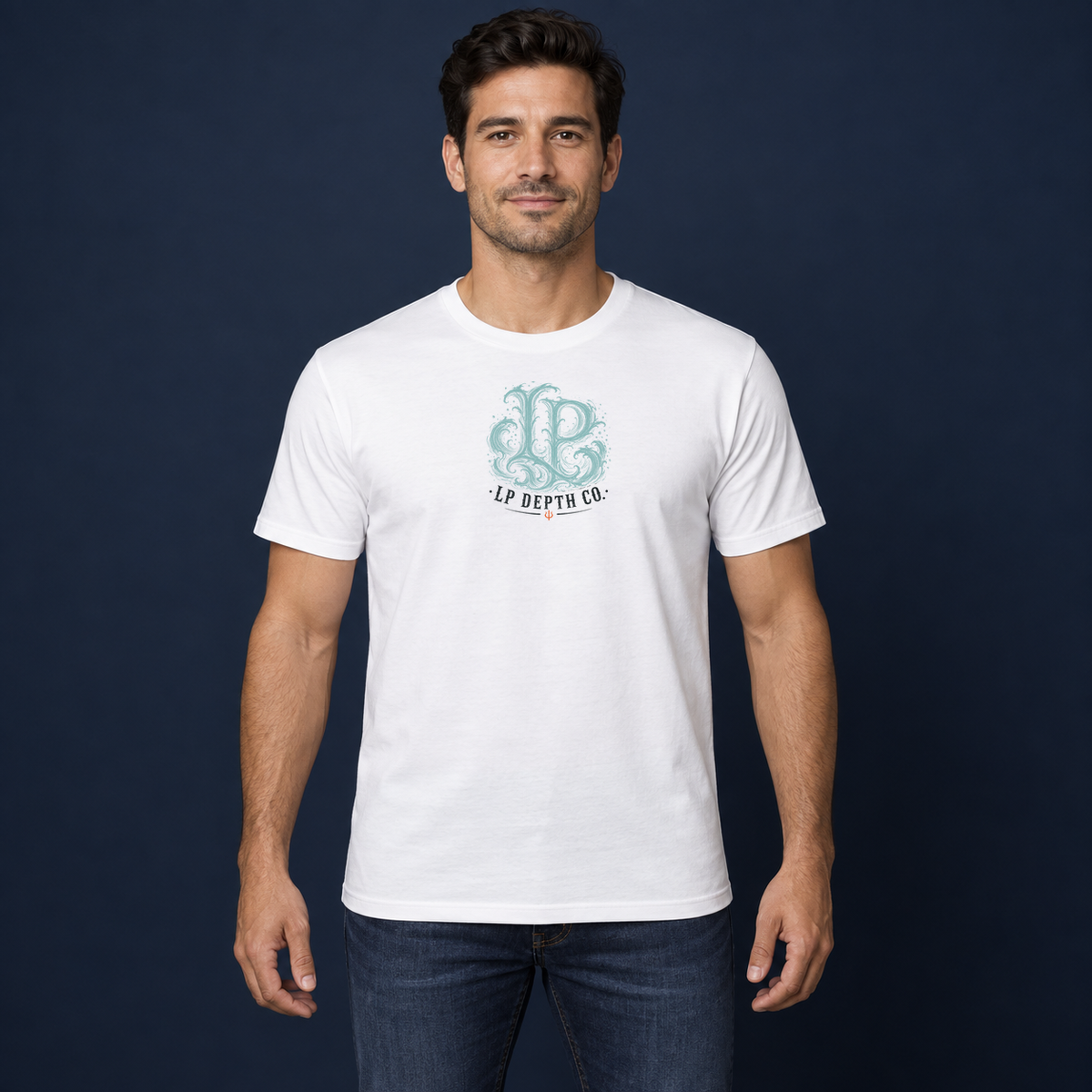 Thumb It. white tee front with the original LP Depth Co wave logo in sea-glass teal, dark ink, and oxidized orange, centered on the chest.